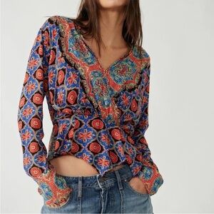 Free People Falling For You Floral Wrap Top Large